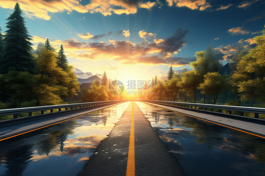 日出的公路美景图片
