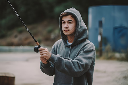 拿着鱼杆的英俊男性高清图片