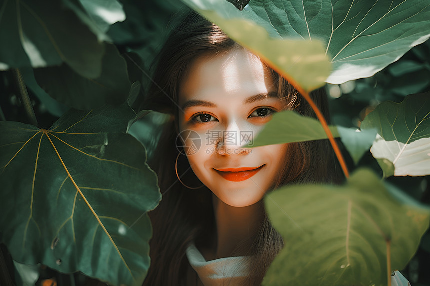 树叶中微笑的女人图片