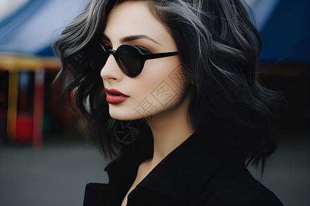 黑衣街道上戴着墨镜的时尚女性背景