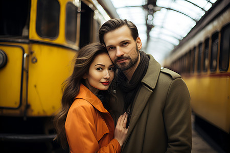 火车旁的恋人背景图片