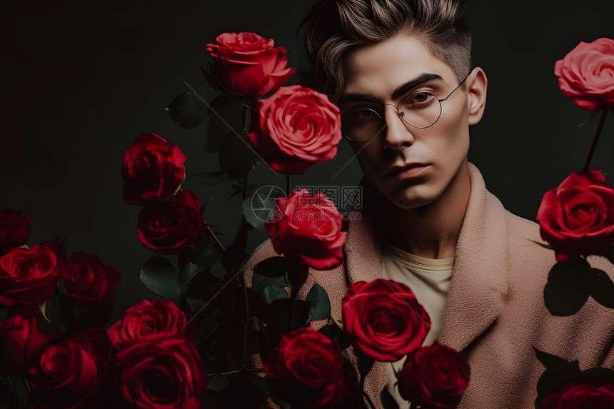 玫瑰花簇拥的男子图片