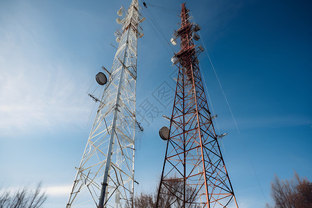 电信信号塔蓝天下的两座天线塔背景