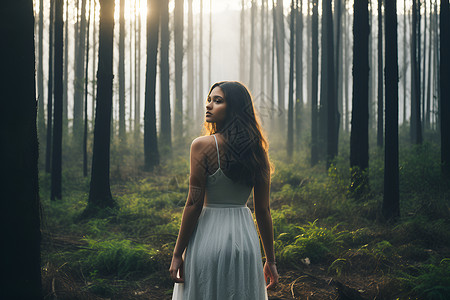白色连衣裙女子在丛林中的女人背景