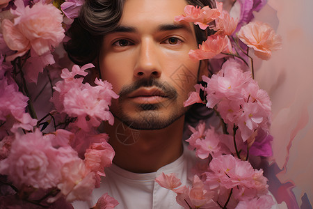 紫红花朵间英俊男士背景图片