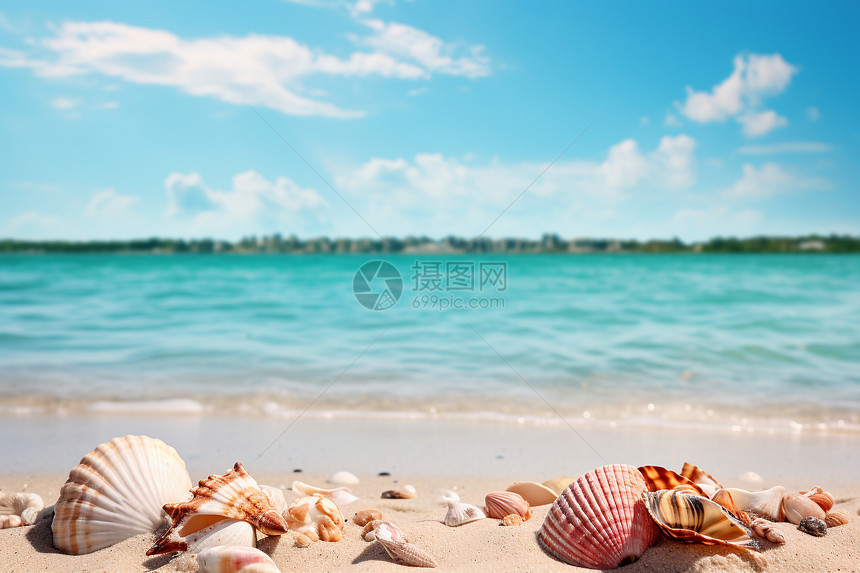 海滩上的贝壳与蔚蓝天空图片