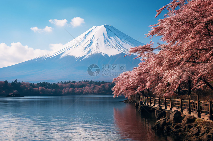 冬日富士雪山映湖图片