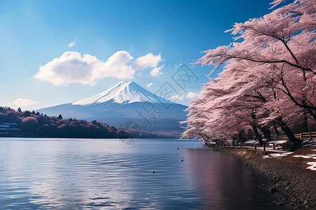 冬季湖景富士山下的樱花湖景背景