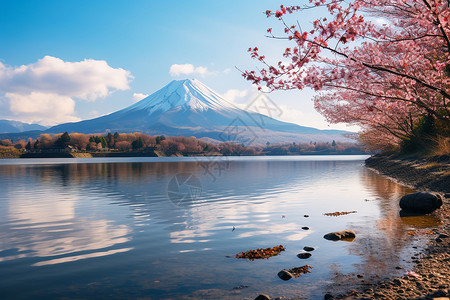 富士山下的湖景背景图片