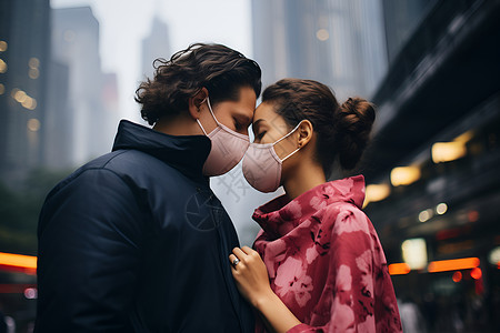 城市中戴口罩的情侣背景图片