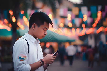 街道上玩手机的男子背景图片