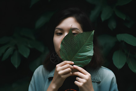 自然遮瑕叶子遮脸颊的女子背景