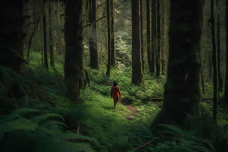 红衣服的女孩森林中行走的女子背景