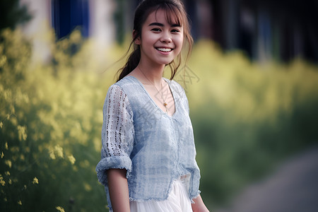 花边小道上的美女背景图片