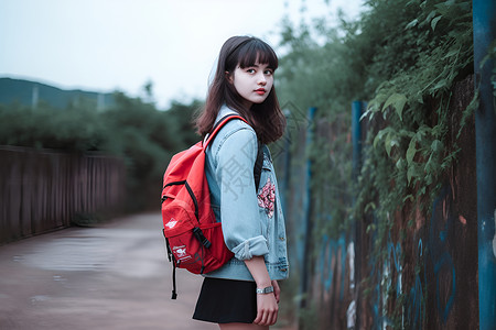 背红色背包的女子背景图片