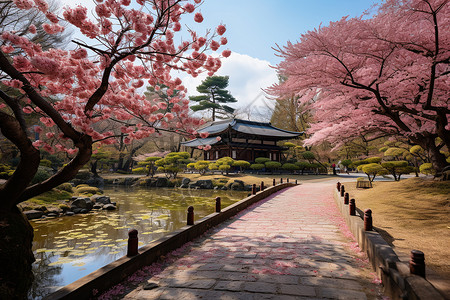 樱花池畔的美景背景图片