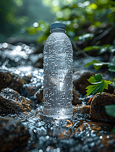 喝矿泉水岩石上的水瓶设计图片