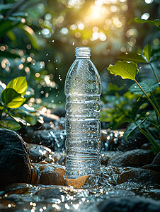 一瓶水在森林背景图片