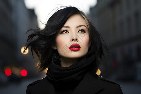 城市街头的红唇黑衣女子背景图片