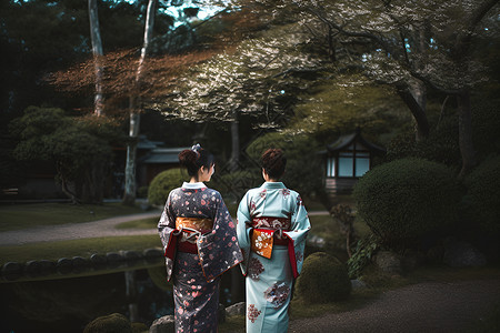 花园池塘穿着和服的女性背景