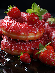 草莓糖衣甜甜圈高清图片