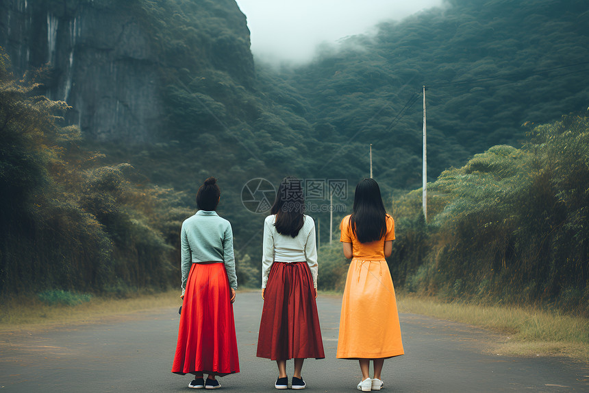 山前街头的三位女性图片