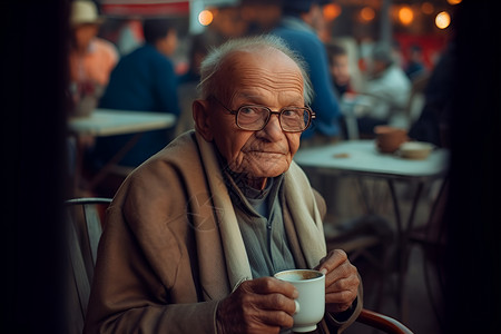 老人端着咖啡背景图片