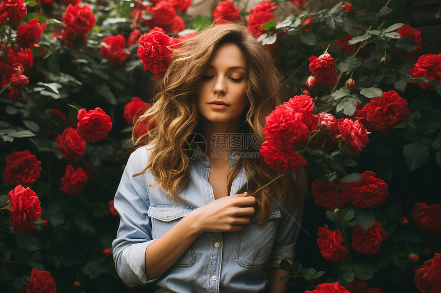 玫瑰花丛中的女子图片