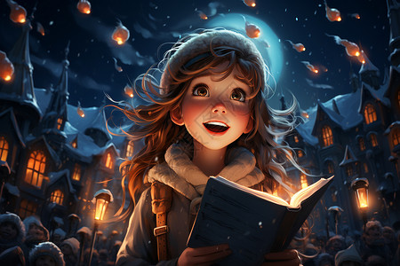 美丽笑容夜晚女孩阅读书籍插画