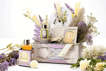 花束与美丽的礼品盒背景图片