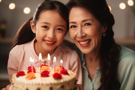 母亲节蛋糕标语幸福的母女庆祝生日背景