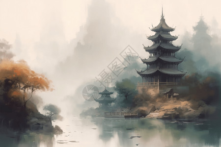 薄雾中的中国宝塔背景图片