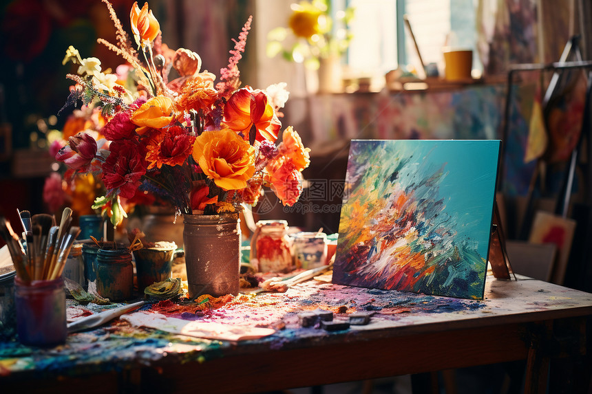 桌子上的鲜花和调色板图片