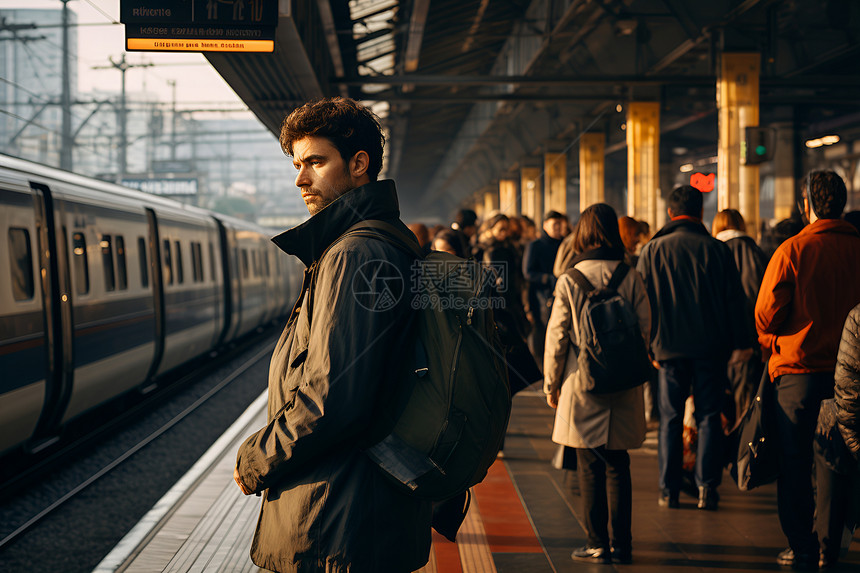 火车站里的背包男人图片