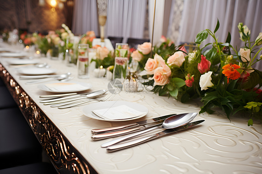 花艺装饰的长餐桌图片