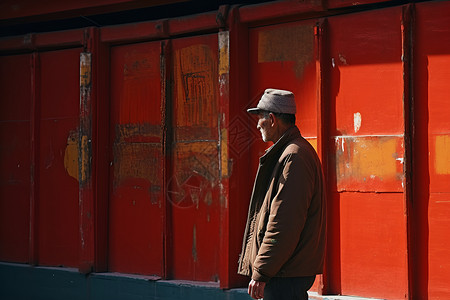 红色建筑前的男子背景图片