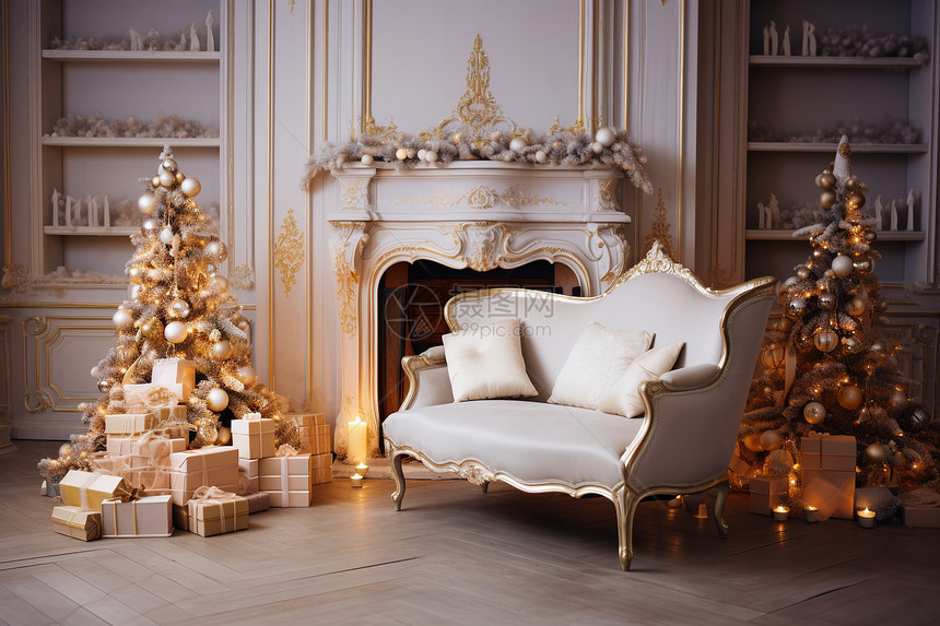 室内的沙发和圣诞树图片