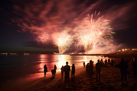 夜幕下的海滩烟火秀高清图片