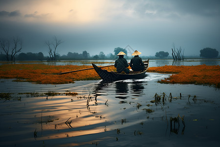 湖面小舟上的渔民背景图片