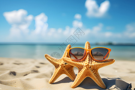 沙滩上的海星戴着墨镜背景图片