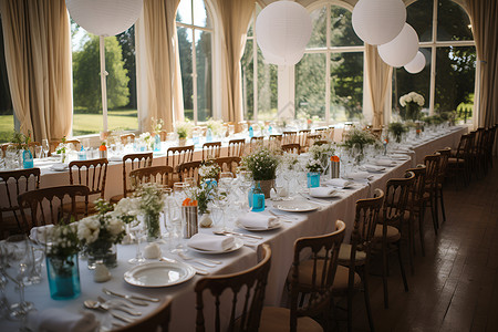 婚宴上的长条餐桌背景图片
