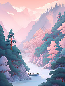 山脉间的河流小船背景图片