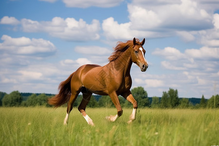 马在牧场一匹马奔跑在草丛之中背景