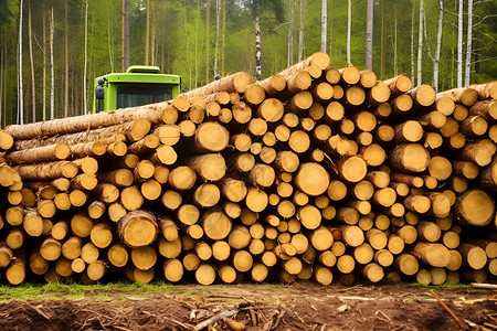 一堆大木材原木伐木机高清图片