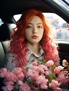 红发少女与花朵背景图片