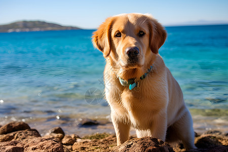 海边狗狗狗在海边岩石上背景