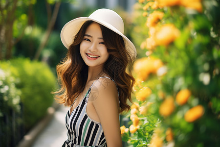 花园里笑容灿烂的亚洲美女高清图片
