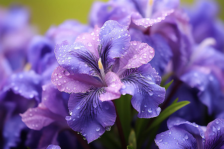 淡紫色鸢尾花满是露水的鸢尾花花朵背景