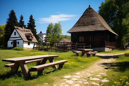 草地上一座小木屋背景图片
