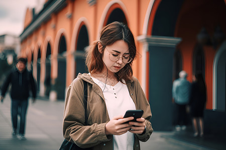 女子走路时使用手机高清图片